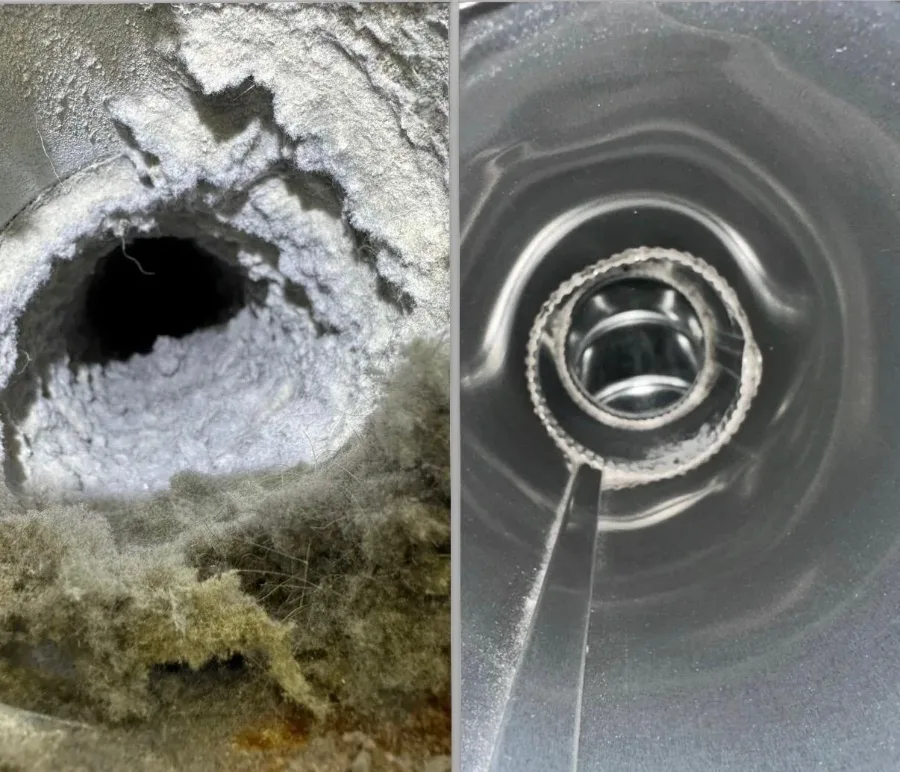 Dryer vent before and after cleaning — packed lint on the left, clear metal duct on the right
