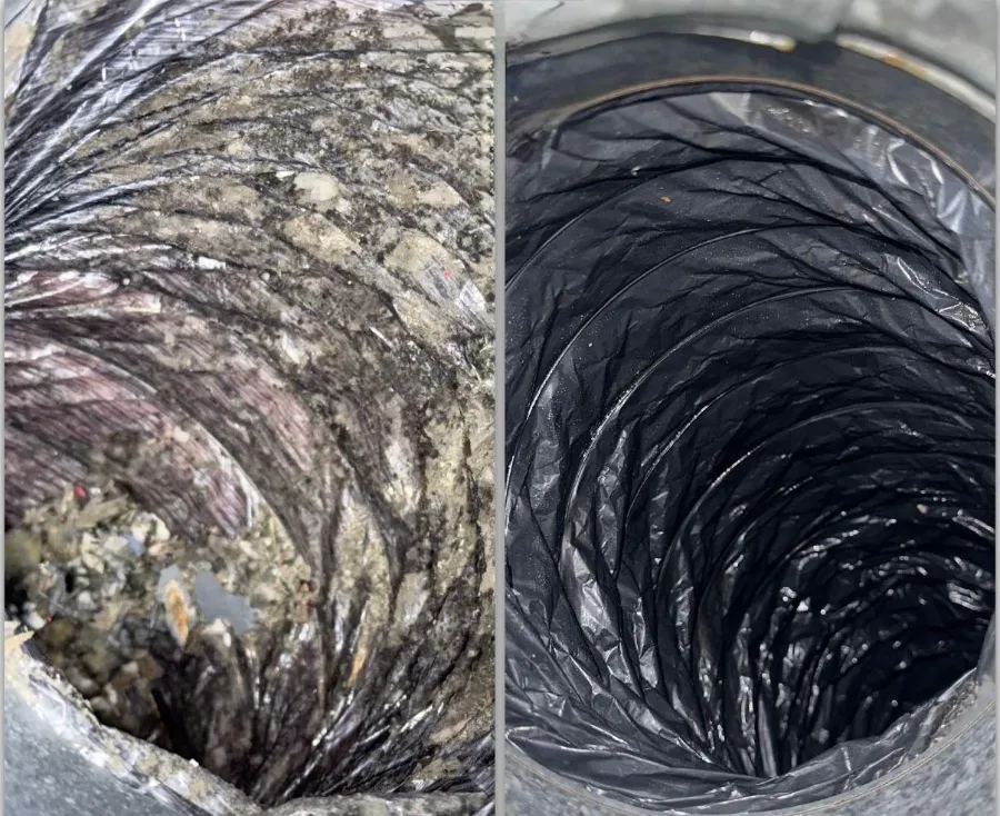 Flexible supply duct before and after air duct cleaning, showing debris removed from the liner
