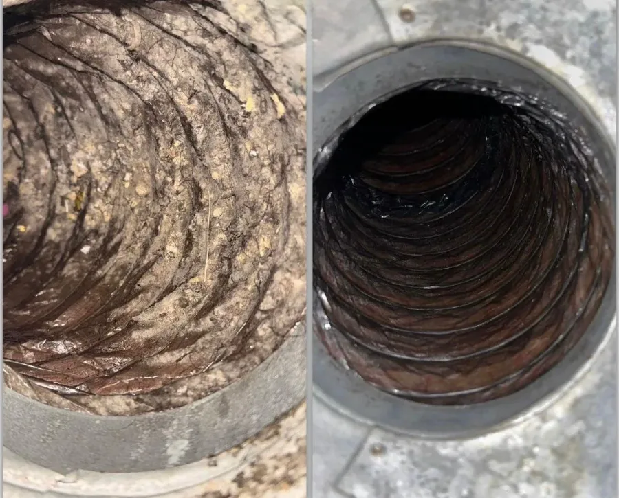 Return-side flexible duct before and after cleaning, with accumulated dust removed