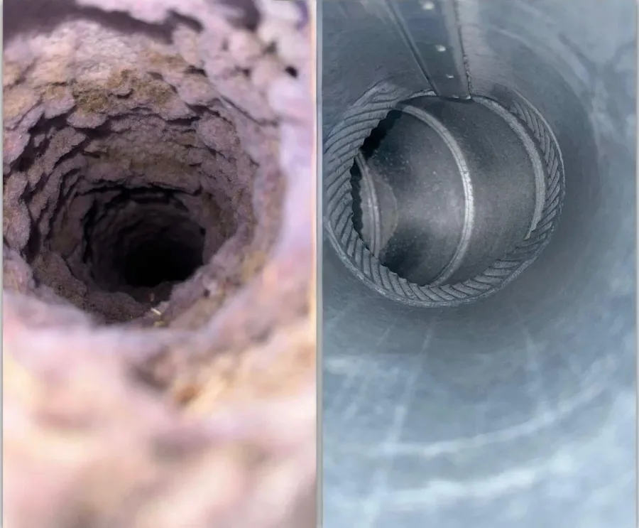 Round metal duct before and after cleaning, felted dust on the wall versus bare metal