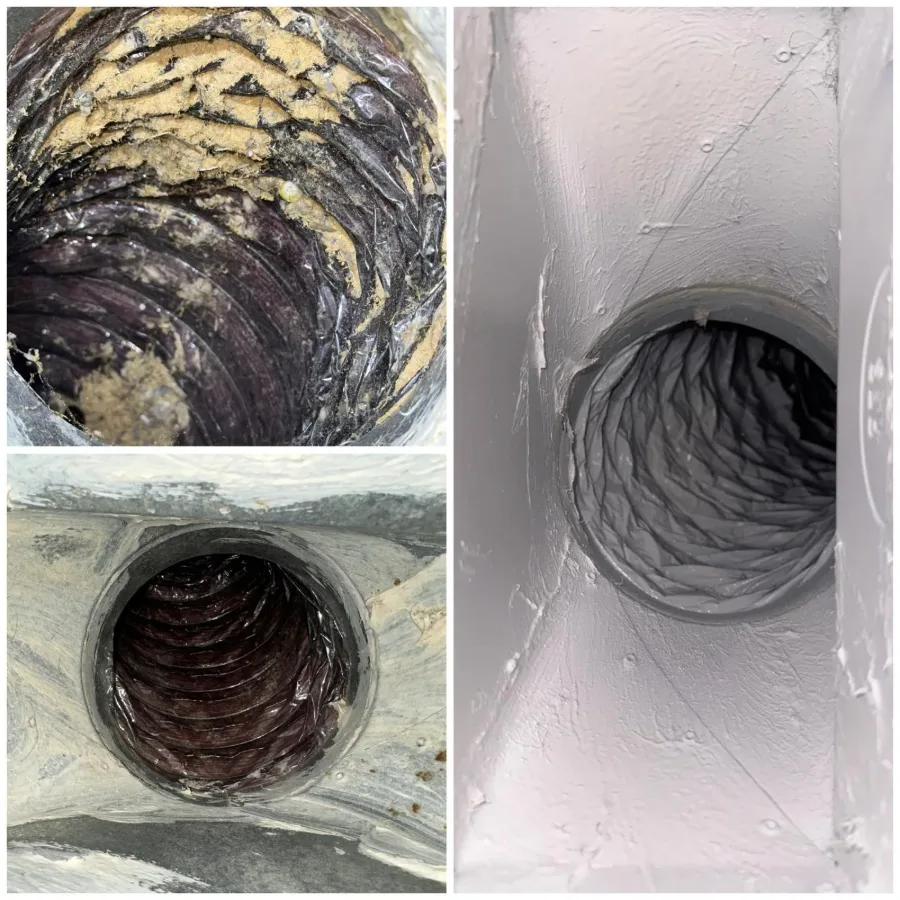 Several duct runs from one system photographed before and after cleaning